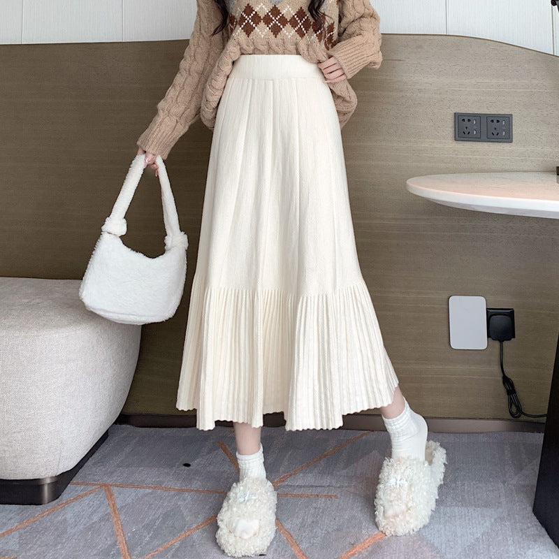 Vintage Womens Thickened High-waisted Slimming Pleated Elegant Midi Skirt
