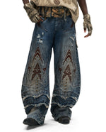 Embroidered Scale-armor-patterned Bamboo-knot-design Curved-sword Jeans