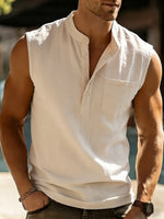 Mens Fashionable Casual Linen Sleeveless Henley Shirt Casual Vest