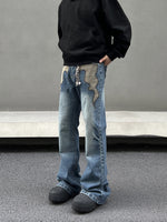 Men's American Retro Flame Totem Washed Straight Leg Jeans