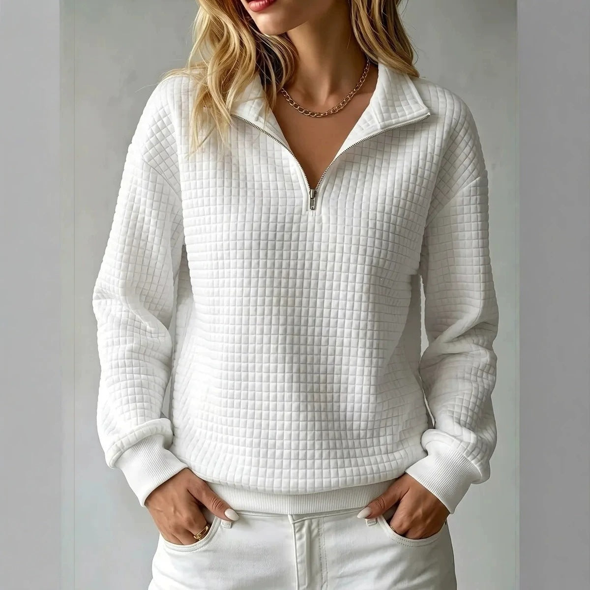 Loose-fit Waffle-knit Stand-collar Zip-up Long-sleeve Womens Sweatshirt
