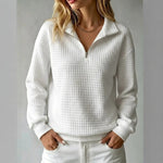 Loose-fit Waffle-knit Stand-collar Zip-up Long-sleeve Womens Sweatshirt