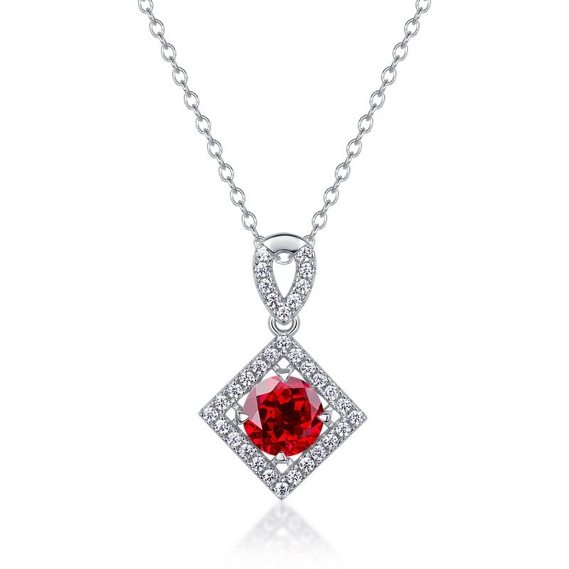 S925 Sterling Silver Lab-Grown Ruby Necklace, 6.5mm Round Gemstone Diamond-Shaped Halo Pendant, 45cm Chain, Women's Jewelry Gift Box