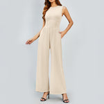 Womens Round-neck Solid-color Sleeveless Slim-fit Long Casual Jumpsuit