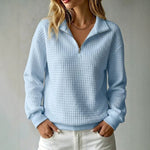 Loose-fit Waffle-knit Stand-collar Zip-up Long-sleeve Womens Sweatshirt