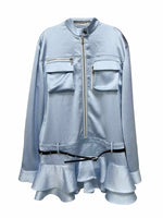 Three-dimensional Pocket Blue Satin Shirt Skirt