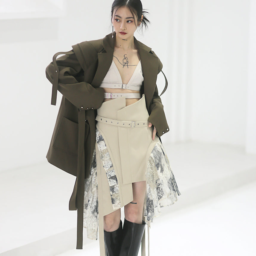 Lace-trimmed Asymmetrical High-waisted Skirt