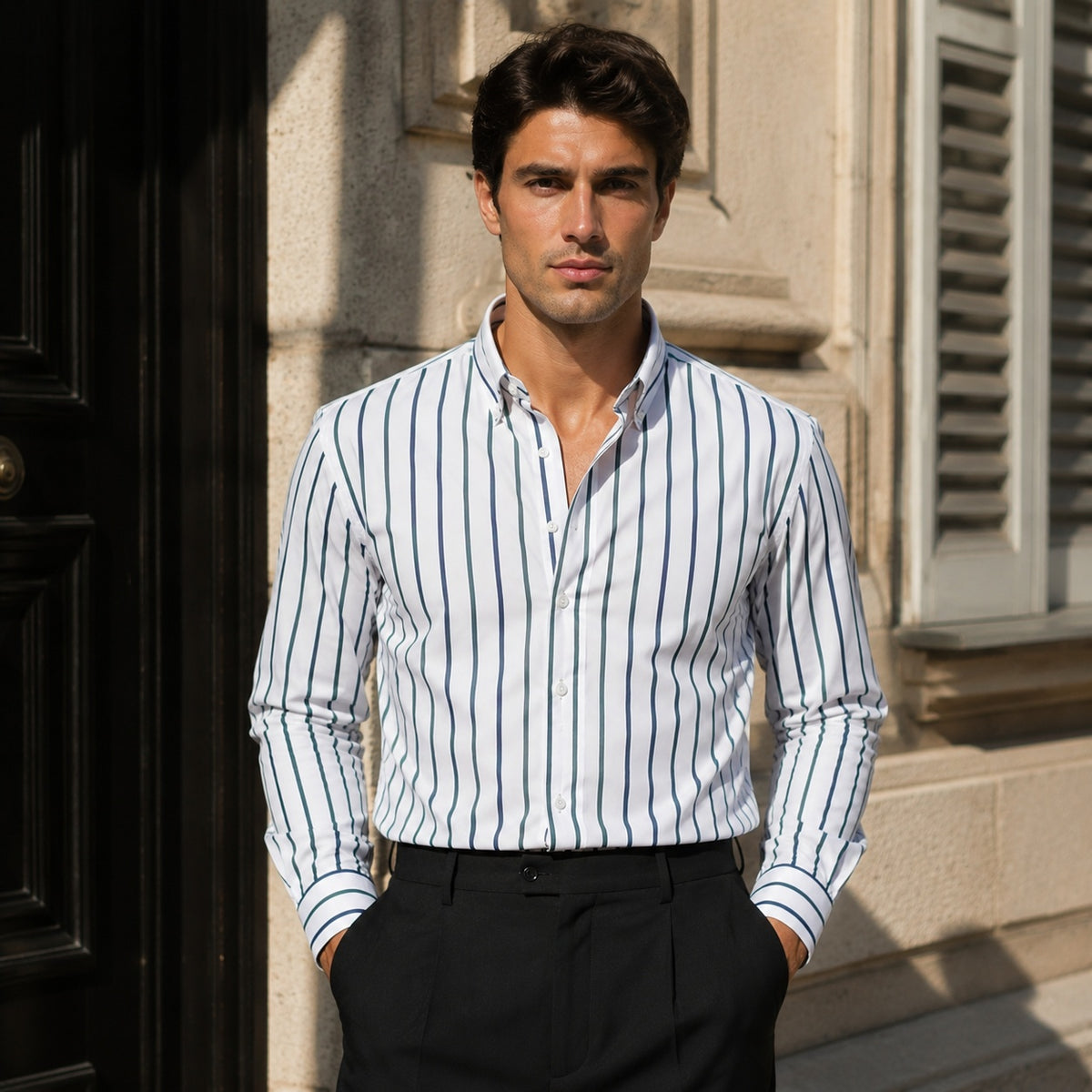 Vertical Stripe Button Down Long Sleeve Shirt
