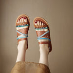 Cowhide Woven Color-block Flat Sandals