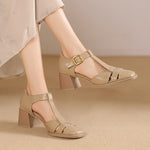 Chunky-heeled High Heel Genuine LeatherSquare-toe Womens Shoes French Vintage Style