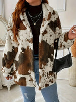 Women's Cow Print Button Plush Coat, New European & American Casual Fashion Hoodie