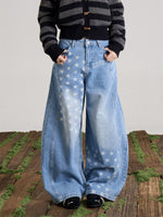 Womens American-Style Retro Washed Star-Print Wide-Leg Bootcut Jeans
