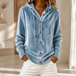 Buttoned Velvet Hooded Cardigan Solid-Color Coat For Women