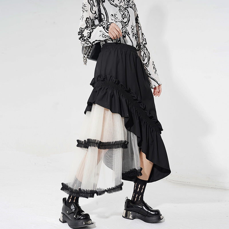 Womens French-style Color-Block Ruffled-Piped Mesh Midi Skirt