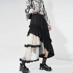 Womens French-style Color-Block Ruffled-Piped Mesh Midi Skirt