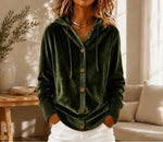 Buttoned Velvet Hooded Cardigan Solid-Color Coat For Women