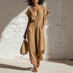 Womens V-neck Relaxed-fit Waist-cinching Jumpsuit