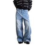 Womens American-Style Retro Washed Star-Print Wide-Leg Bootcut Jeans