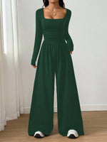 Long-sleeve Square-neck Casual Wide-leg Jumpsuit