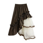Womens French-style Color-Block Ruffled-Piped Mesh Midi Skirt