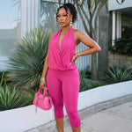 SummerAutumn New Womens Sleeveless Solid-Color Tight Cropped Jumpsuit With Flared Legs