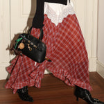 Retro Two-Color Plaid Asymmetric Ruffle Hem Skirt For Women