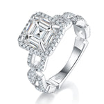 S925 Sterling Silver 2.5ct Asscher Cut Moissanite Ring, D-VVS1 Halo Chain Band, Platinum Plated US Sizes 5-9 GRA Gift Box