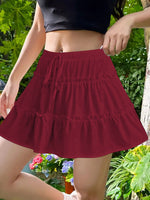 High Waist Drawstring Ruffle Tiered Mini Skirt With Liner, Casual A-Line Skort Sweet Cake Skirt Adjustable Tie Fake Two-piece Anti-Peek Skirt For Women