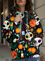 Ink-splatter Floral-print Hooded Sweatshirt Womens New Autumn Casual Cartoon Skull Hoodie