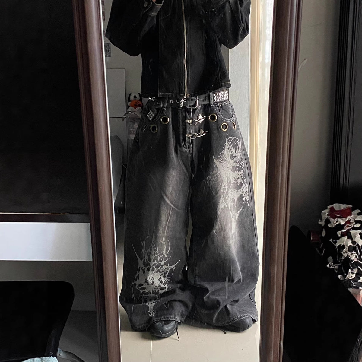 Men's Washed Pattern-Printed Vintage Straight-Leg Denim Jeans