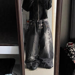 Men's Washed Pattern-Printed Vintage Straight-Leg Denim Jeans