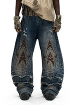 Embroidered Scale-armor-patterned Bamboo-knot-design Curved-sword Jeans