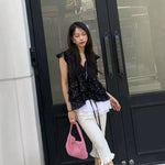 Pleated Floral-print Ruffled Blouse Vest With Ribbons