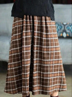 Retro Plaid Flannel Swing Skirt Long Dress With Elastic Waist