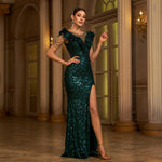 Round Neck Beads Banquet Sequined Slit Evening Dress Dress