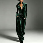 Stand-collar Zip-up Deep-V Velvet Jumpsuit