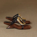 Square-toe Open-toe Sandals With Metal Buckles