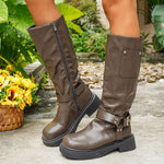 Calf-length Metal Belt-buckle Chunky-heeled High-top Denim Boots