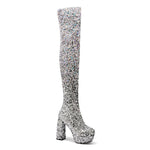 Sequin Gradient Round-Toe Side-Zip Chunky Heel Over-the-Knee Womens Boots