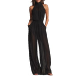 Womens Chiffon Spliced Sleeveless High-Neck Backless Wide-Leg Jumpsuit