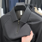 Mens Long-Sleeve Waffle-Textured American-Style Half-Zip Polo Shirt
