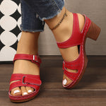 Summer New Solid-color Peep-toe Sandals With A Strap-and-buckle Design And A Chunky Heel