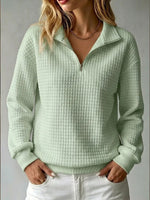 Loose-fit Waffle-knit Stand-collar Zip-up Long-sleeve Womens Sweatshirt
