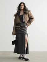 Temperament Gray Hanging Neck Pleated Slit Dress