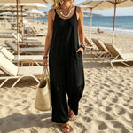 Womens Casual Resort-style Loose-fit Strap Solid-color Jumpsuit