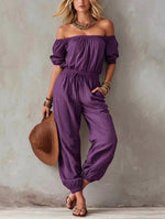 Off-shoulder Waist-cinching Lace-up Relaxed-fit Casual Jumpsuit
