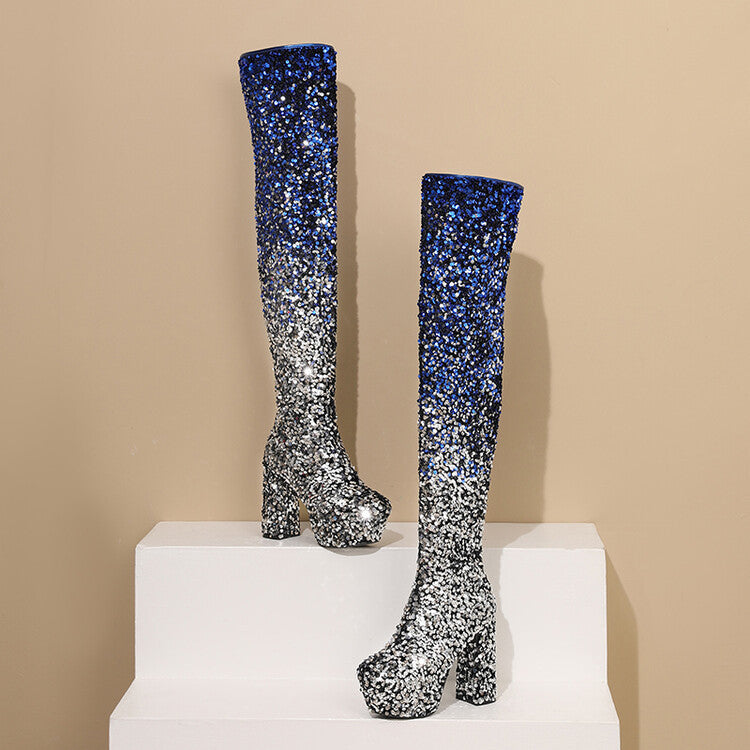 Sequin Gradient Round-Toe Side-Zip Chunky Heel Over-the-Knee Womens Boots