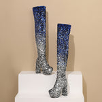 Sequin Gradient Round-Toe Side-Zip Chunky Heel Over-the-Knee Womens Boots