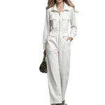 Womens White Long-sleeve Jumpsuit With A Lapel And Zipper