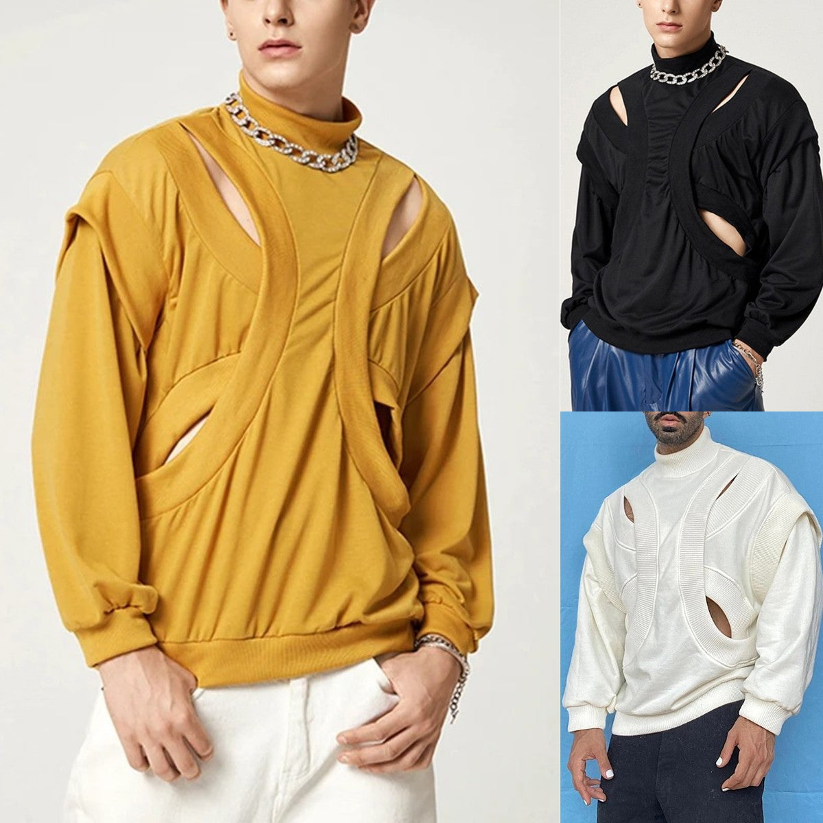 Mens Long-Sleeve T-Shirt With Drop Shoulder And Stand-Up Collar Sweater